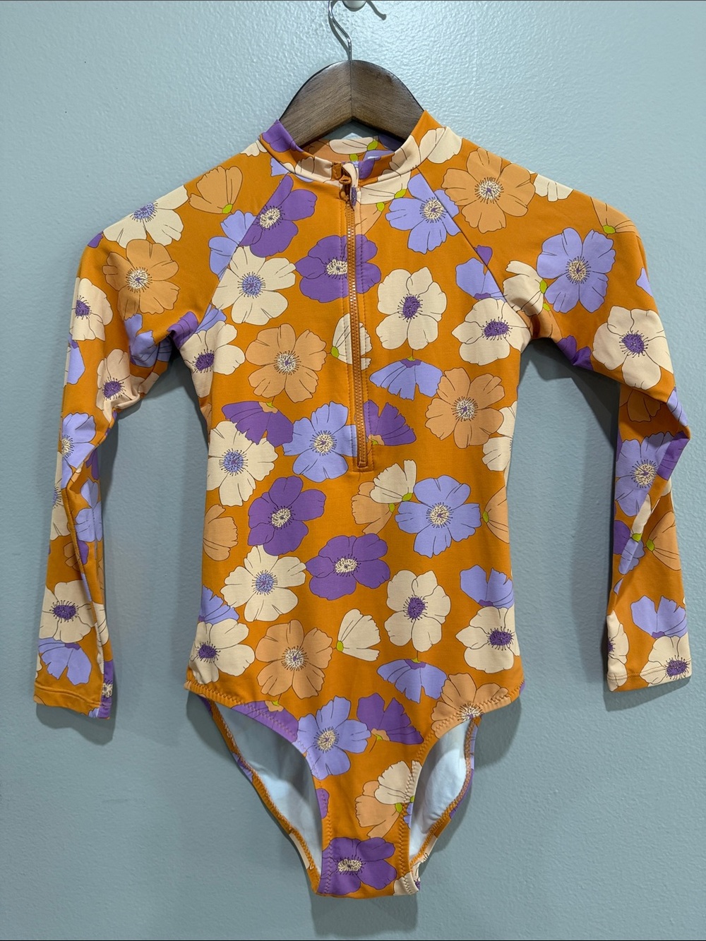 Zara Orange Floral Long-Sleeve One-Piece Swimsuit size 11-12